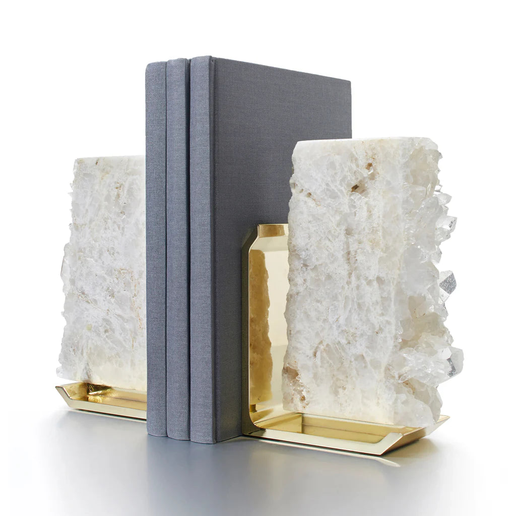 Fim Bookends, Crystal Quartz & Gold, Set of 2