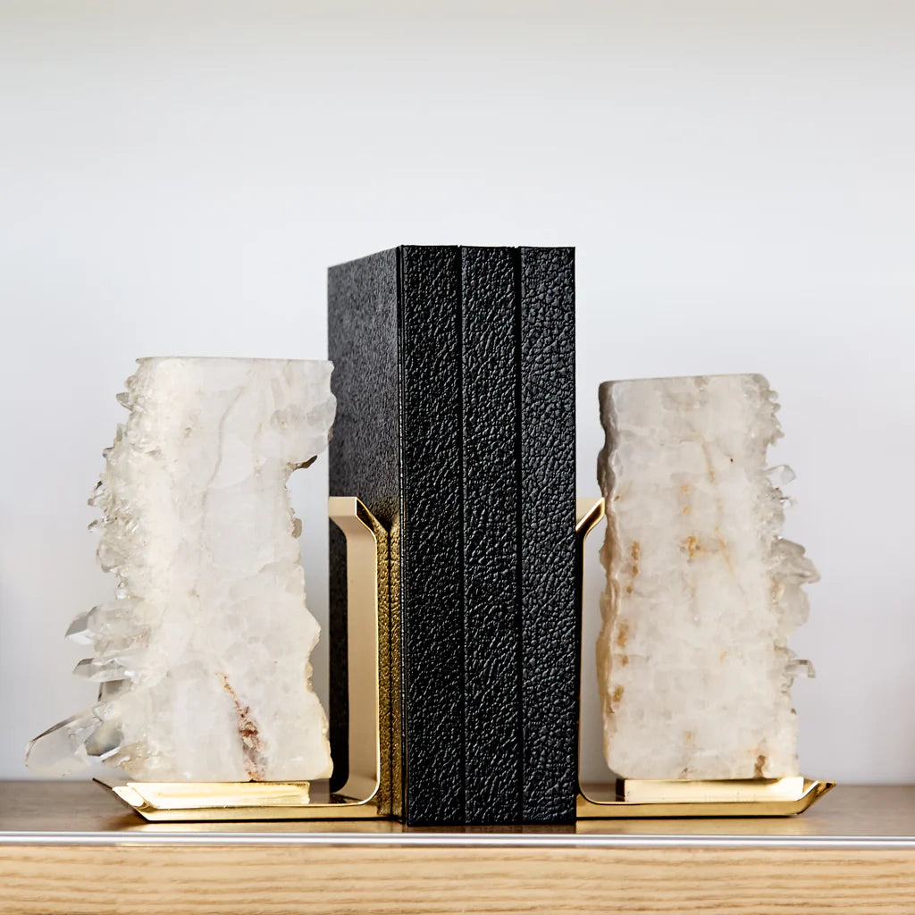 Fim Bookends, Crystal Quartz & Gold, Set of 2