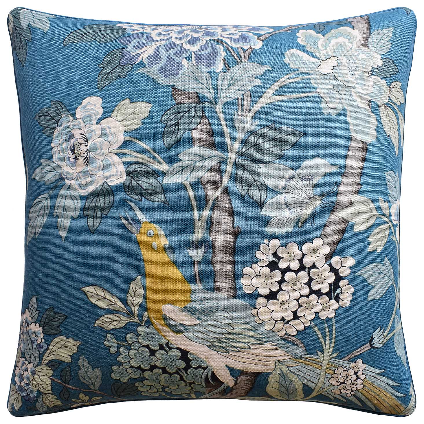 22X22 HYDRANGEA BIRD TEAL PILLOW
