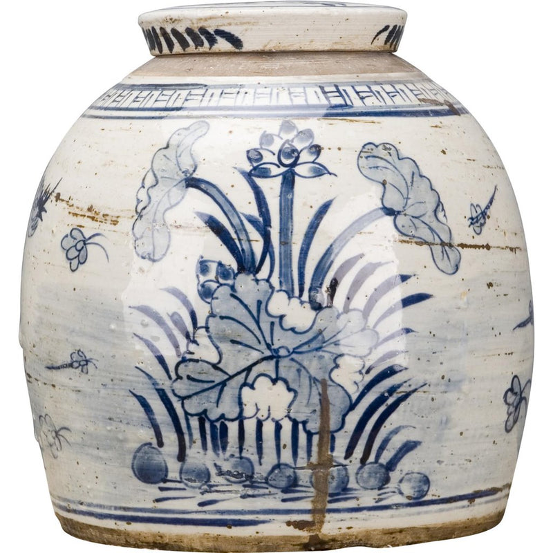 BLUE & WHITE BULB LIDDED JAR WITH BIRD FLORAL MOTIF