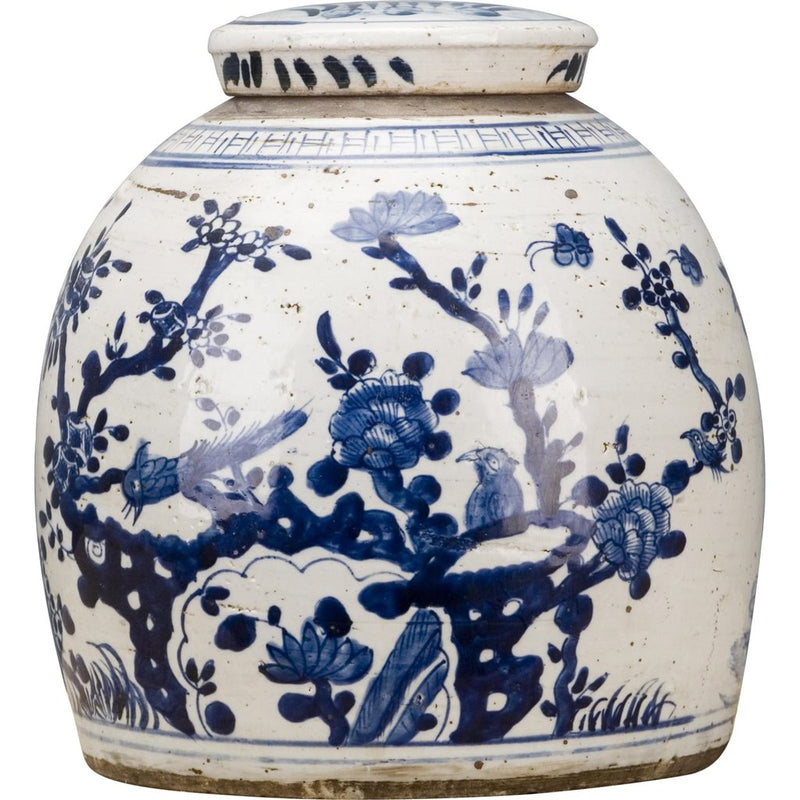 BLUE & WHITE BULB LIDDED JAR WITH BIRD FLORAL MOTIF