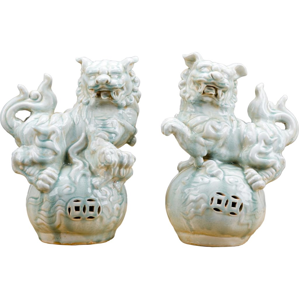 Celadon Crackle Foo Dogs Pair