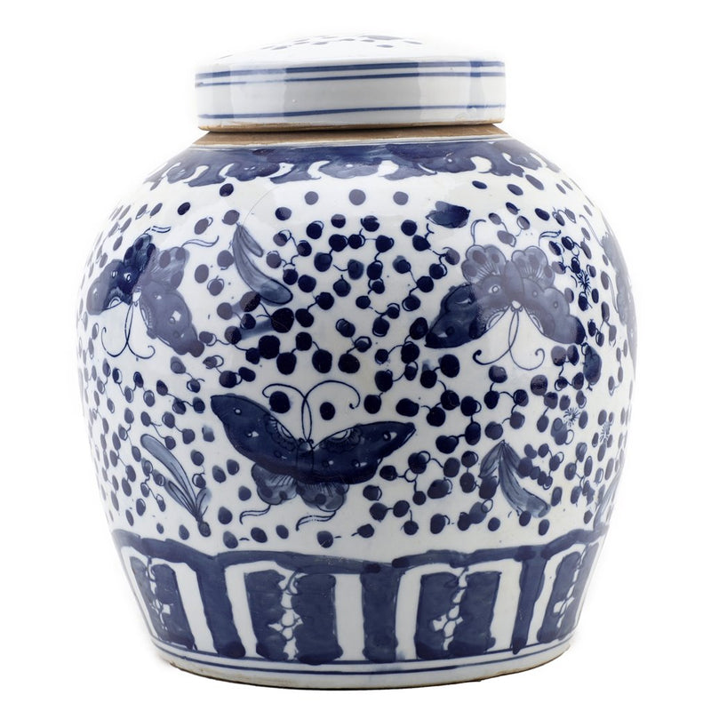 PORCELAIN LIDDED BUTTERFLY JAR BLUE AND WHITE