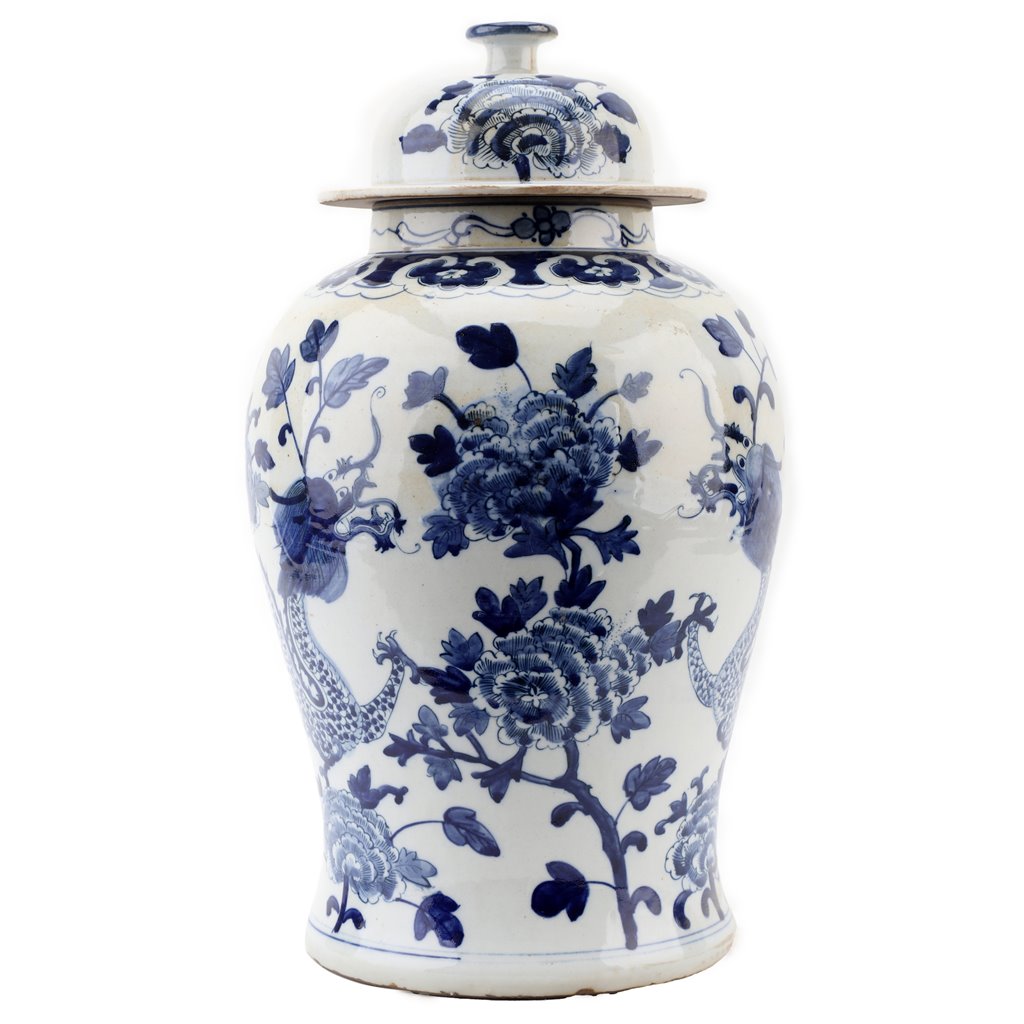 BLUE & WHITE LIDDED FLORAL DRAGON JAR