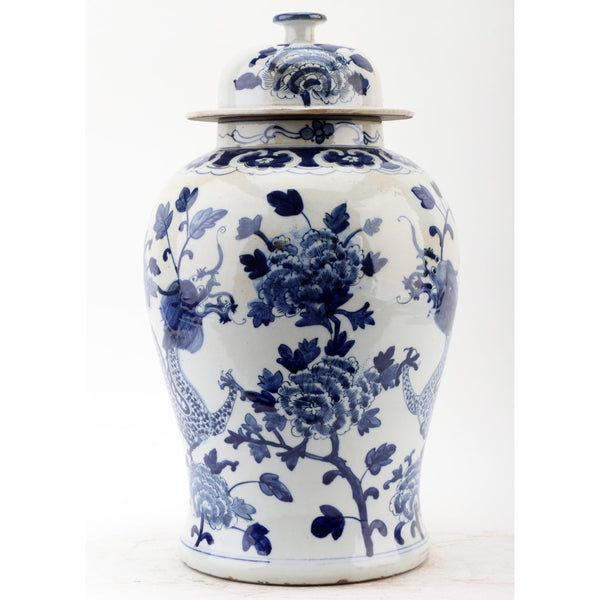 FLORAL AND DRAGON LIDDED BLUE & WHITE TEMPLE JAR