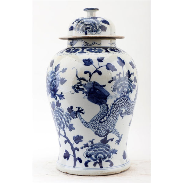 FLORAL AND DRAGON LIDDED BLUE & WHITE TEMPLE JAR