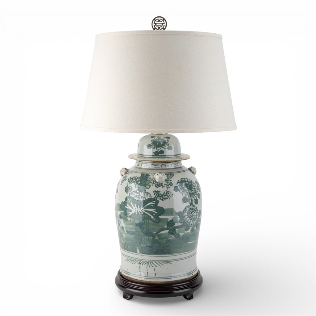 Warrior Lidded Jar Lamp - Green Floral Scene