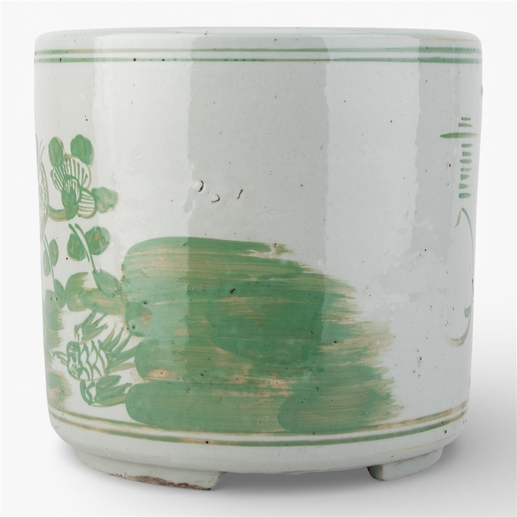 Antiqued Celadon Pot - Floral and Bird Scene