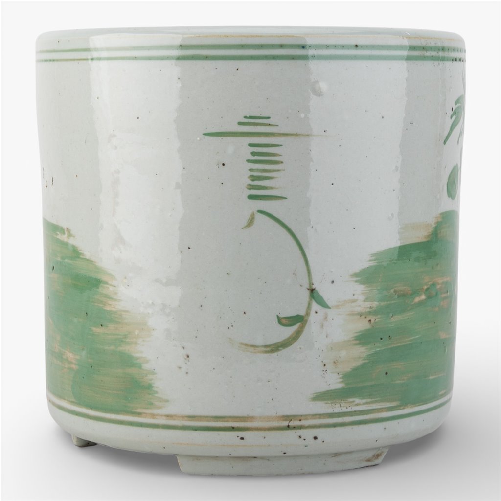 Antiqued Celadon Pot - Floral and Bird Scene