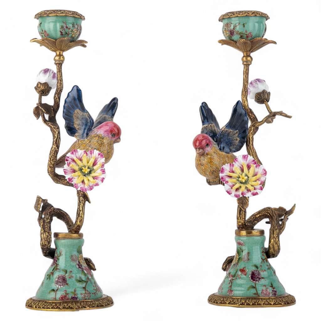 Porcelain Verdant Flight Candlebra Pair