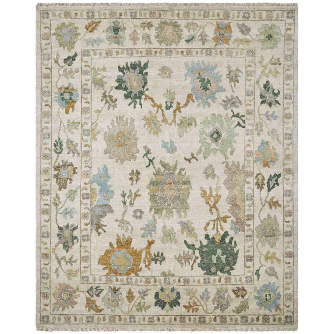MODERN OUSHAK RUG IN VINTAGE GREENS AND ECRU