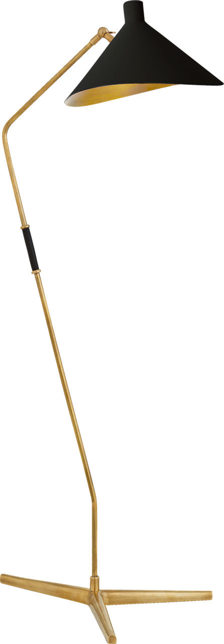 Mayotte Large Offset Floor Lamp in Hand-Rubbed Antique Brass with Black Shade, duvallatelier.com