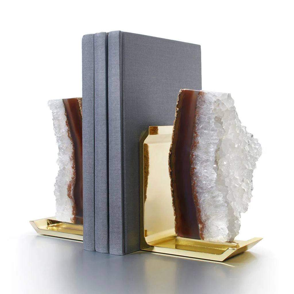 Fim Bookends, Agate Druze & Gold, Set of 2