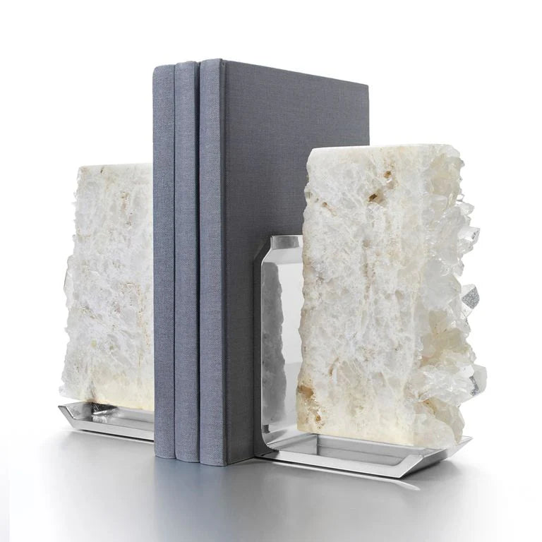 Fim Bookends, Crystal Quartz & Silver, Set of 2