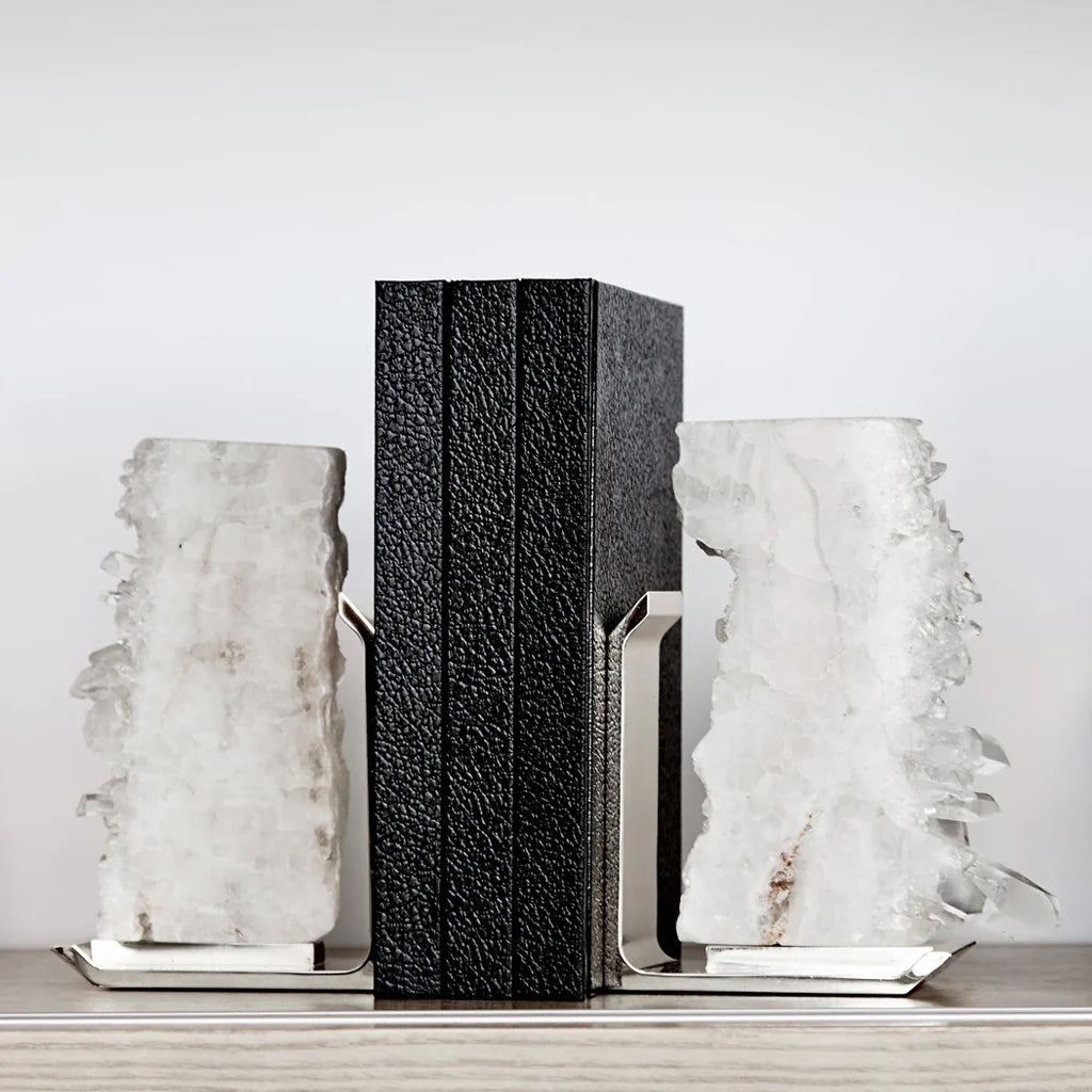 Fim Bookends, Crystal Quartz & Silver, Set of 2