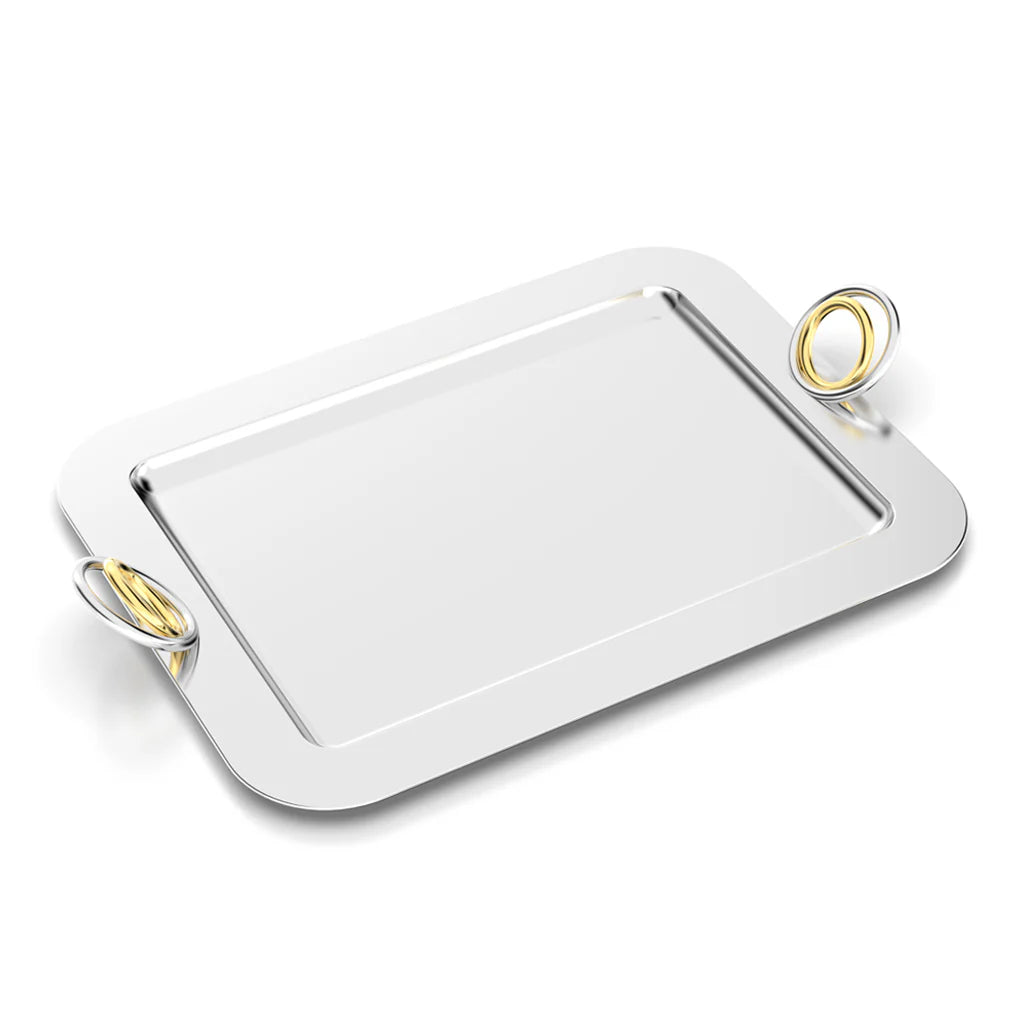 The strength of our Ring Tray relies on its gold and silver rings leaning against each other—a visual metaphor for the importance of community. Crafted from stainless steel and solid brass, this versatile design is equally perfect for holding a tea set, a decanter with DOF glasses, or serving as a striking centerpiece for displaying canapés. &nbsp;We hope that its design will encourage people to support one another.

Stainless Steel and Brass
Imported
Clean with mild, soapy water and a soft cloth

20.5" x 1