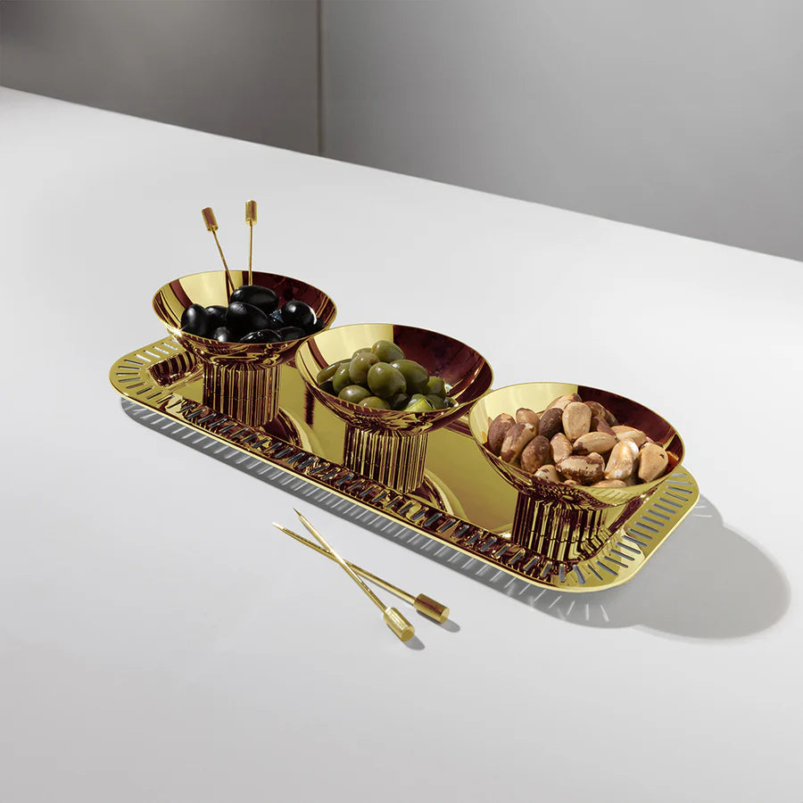 Striations Tio Bowl Set, Silver & Gold