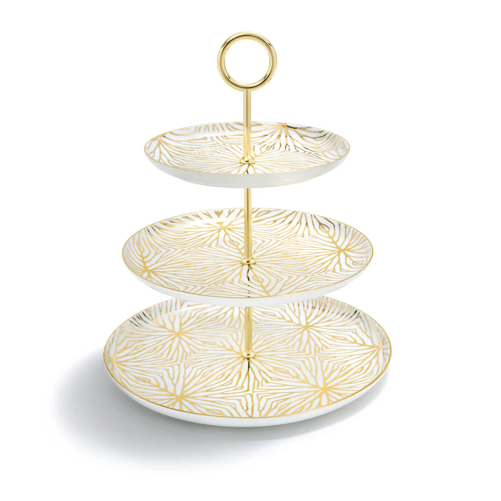Our Lily Pad 3-tiered stand celebrates all the fun of entertaining, and helps your table to feel just like you. Created from porcelain and 24K gold, it displays macarons, berries, and even gluten-free sandwiches with the crusts cut off with ease. Its design is inspired by the organic branching of the Giant Lily Pad, a surprisingly delicate, yet strong, plant found in the Amazon. We designed this 3-tiered stand to bring happiness to your table, and joy to your entertaining.

Porcelain with 24K Gold Detail
12