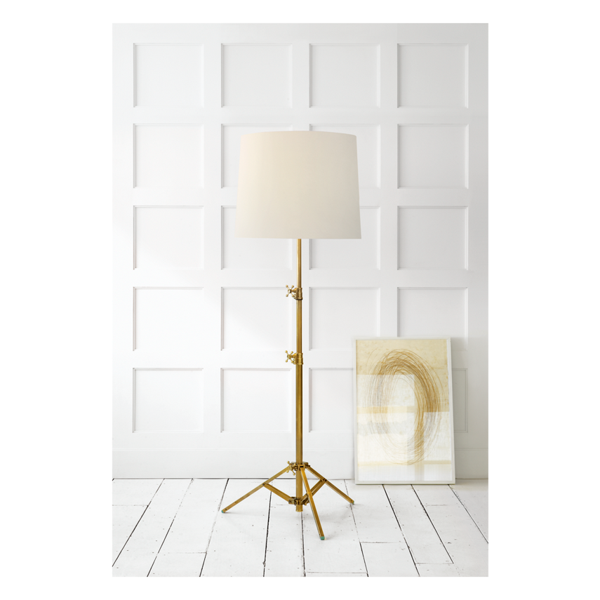 Studio Floor Lamp in Hand-Rubbed Antique Brass with Linen Shade, duvallatelier.com