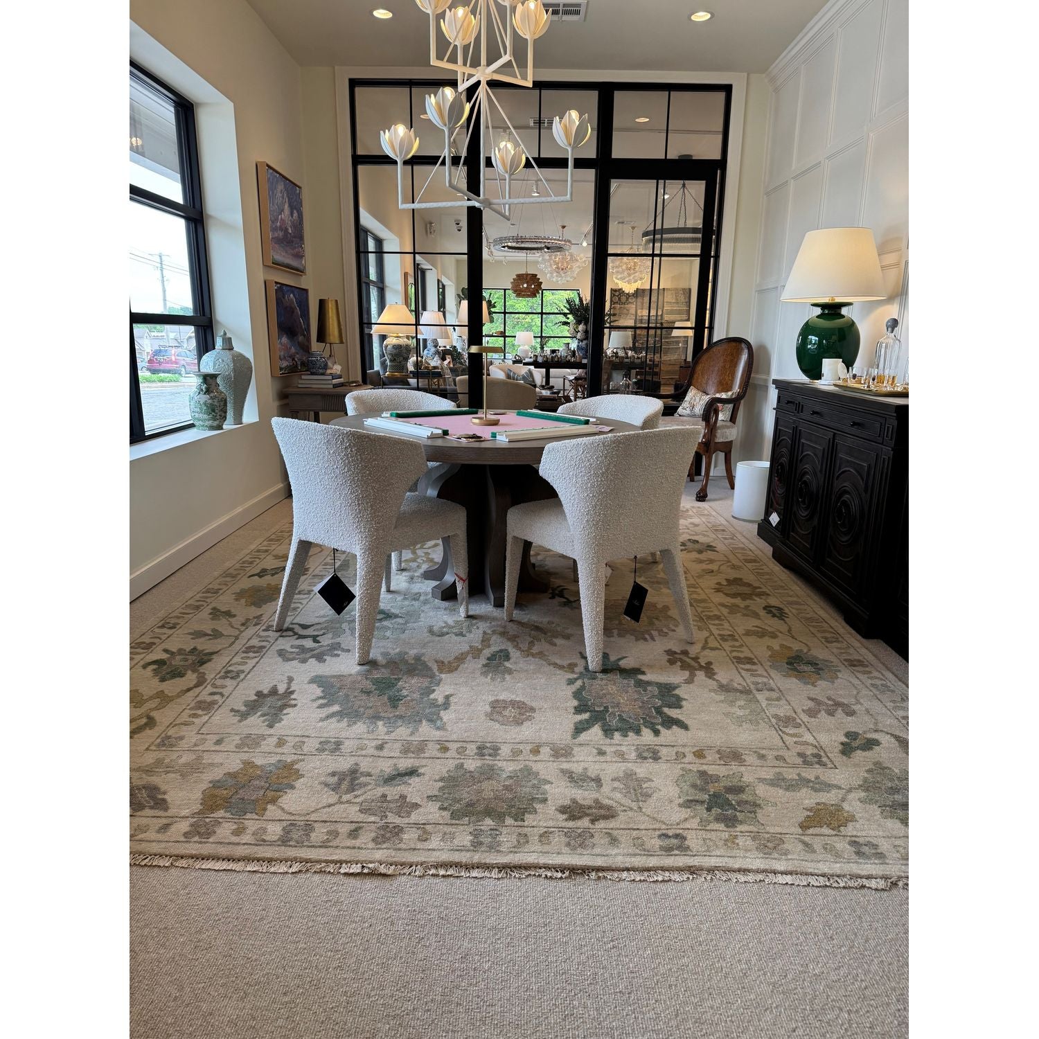 MODERN OUSHAK RUG IN VINTAGE GREENS AND ECRU