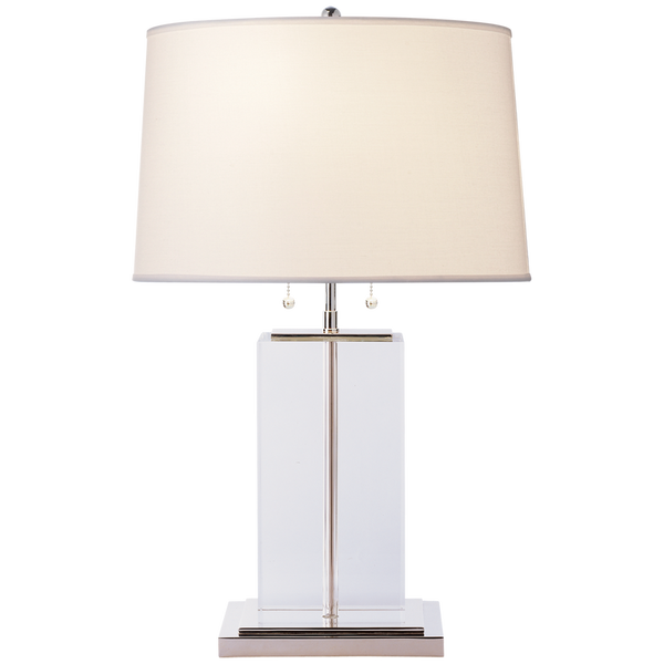 Block Table Lamp Crystal and Polished Silver with Cotton Shade