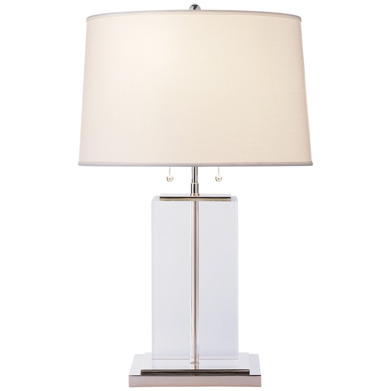 Block Table Lamp Crystal and Polished Silver with Cotton Shade