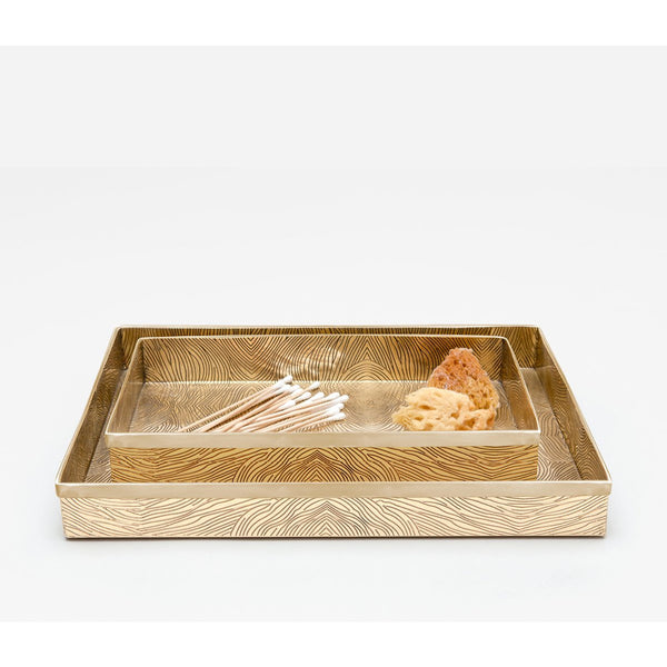 Wood-grain etching gives a natural edge to our elegant Humbolt. Rolled edges and a nice heft exemplify the collection s exquisite quality.  FINISH: Shiny Brass Ridged Metal  SIZE: 13" x 10" x 1"