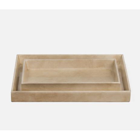 Faux vellum bath collection with shiny lacquer  FINISH: Ivory Gloss Vellum Leather  SIZE: 13" x 10" x 1.5"