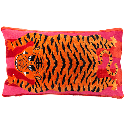 12x20 Schumacher Jokhang Tiger Pillows Red and Pink, Duvall AtelierSchumacher Jokhang Tiger pillow in Pink and Red, Duvall Atelier