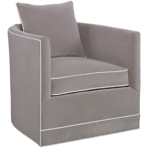 CHANDLER SWIVEL CHAIR - Grey Flannel Velvet The Chandler swivel chair is one of the most comfortable and sleek chairs out there.  It sports a curved back with a plush tall back pillow and the perfect arm height.  Our showroom pair is shown in beautiful flannel gray velvet. Also available to order in a custom choice of fabric or leather or skirted bottom. DUVALL ATELIER