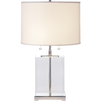 Visual Comfort Block Table Lamp in Crystal and Polished Silver with Cotton Shade/ Duvall Atelier 