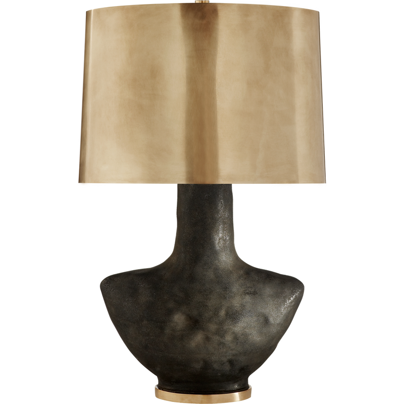 Visual Comfort Armato Small Table Lamp in Stained Black Metallic Ceramic with Oval Antique-Burnished Brass Shade/ Duvall Atelier 