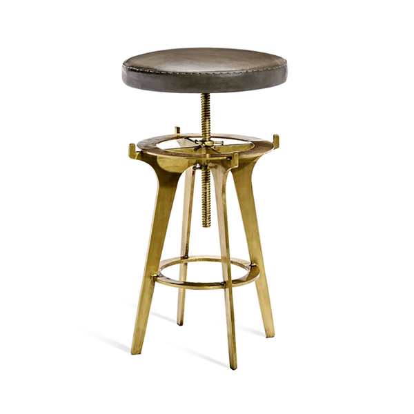 Colton Adjustable Brass Stool - Duvall Atelier Putting the style in industrial-chic, The Colton adjustable stool boasts a rich leather seat topping an iron base in an antique brass finish.  DIMENSIONS:  25-32” X 16” DIAM