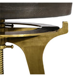 Colton Adjustable Brass Stool - Duvall Atelier Putting the style in industrial-chic, The Colton adjustable stool boasts a rich leather seat topping an iron base in an antique brass finish.  DIMENSIONS:  25-32” X 16” DIAM