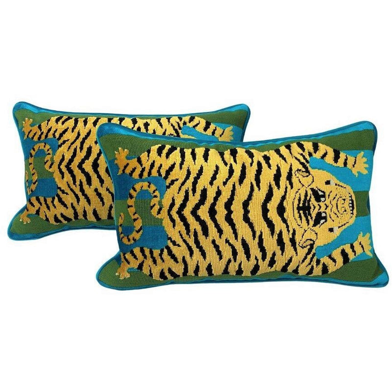 12X20 Schumacher Jokhang Tiger Pillow Peacock and olive colors, Duvall Atelier