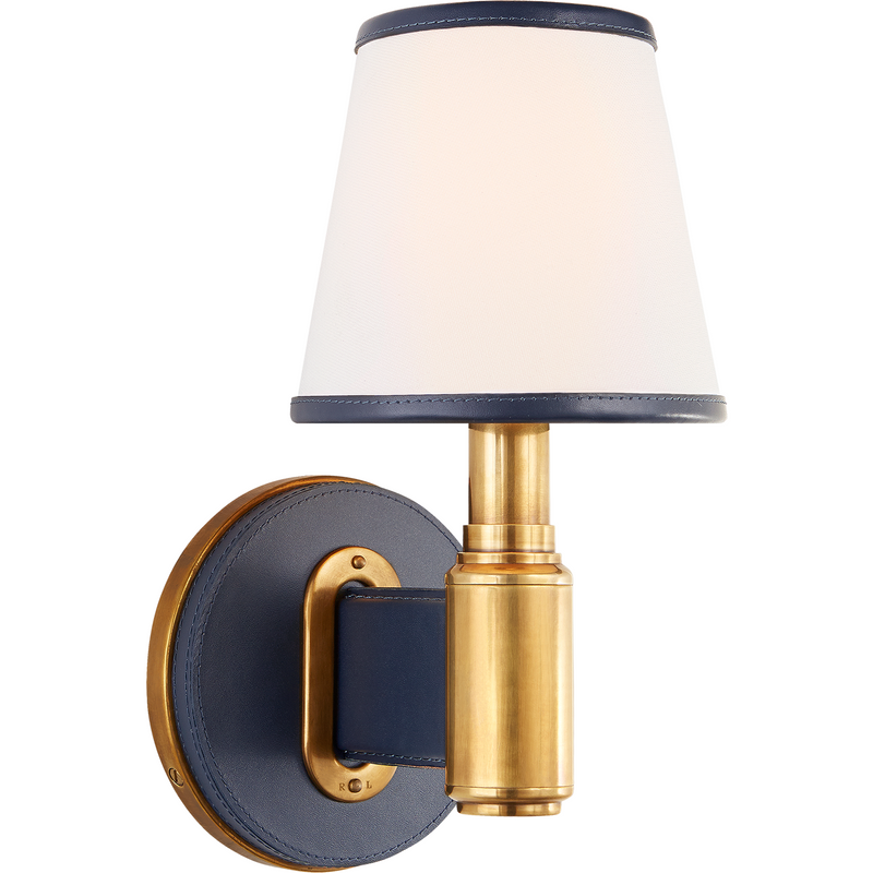 Visual Comfort Riley Single Sconce Finish: Natural Brass and Navy Leather with Leather Trimmed Linen Shades/ Duvall Atelier 