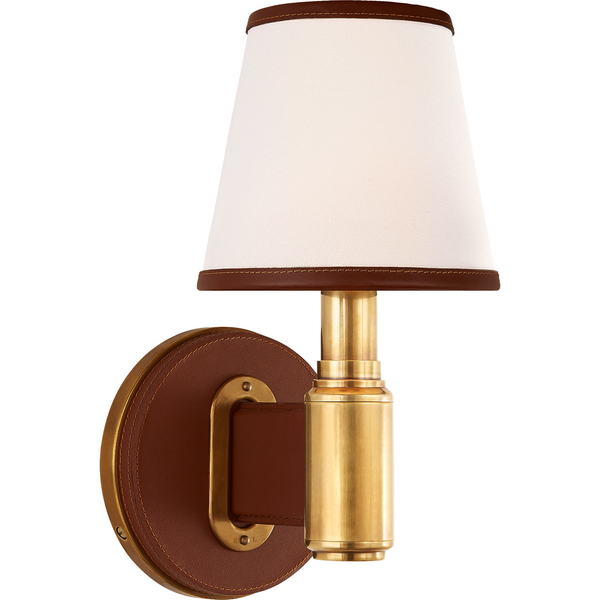 Visual Comfort Riley single Sconce  Finish:  Natural Brass and Saddle Leather with Leather Trimmed Linen Shades/ Duvall Atelier 