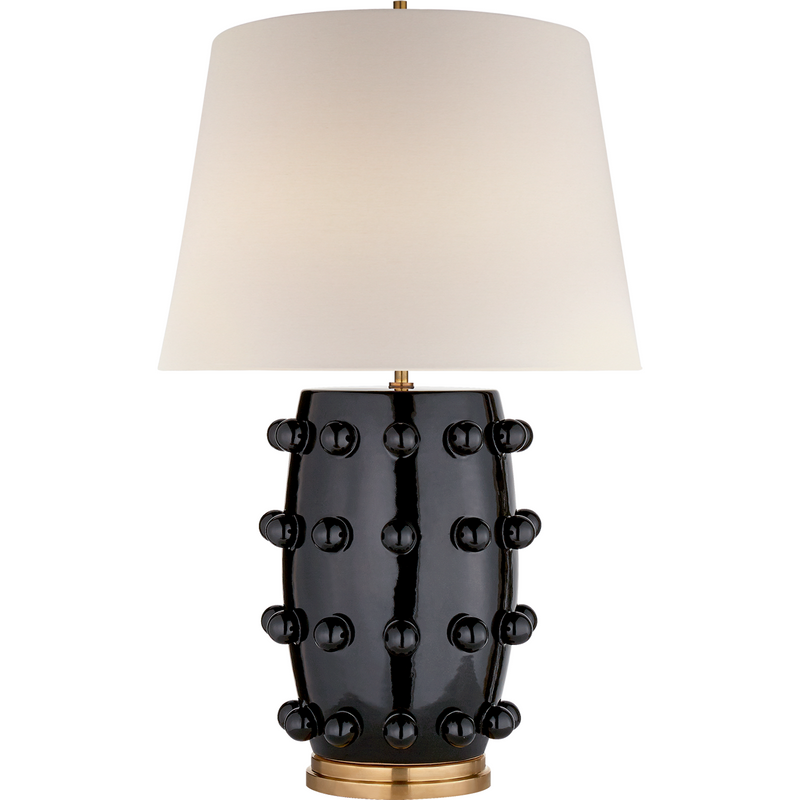 Visual Comfort Linden Medium Lamp in Black with Linen Shade  Designer:  Kelly Wearstler   Height: 26.5"  Width: 17"  Base: 6.5" Round  Socket: E26 Dimmer  Wattage: 75 A