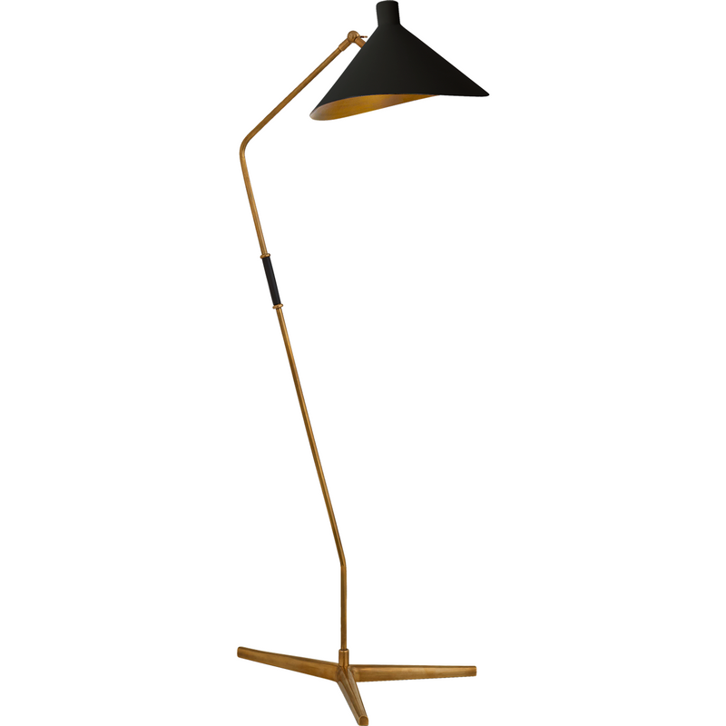 Visual Comfort Mayotte Large Offset Floor Lamp in Hand-Rubbed Antique Brass with Black Shade  Height: 55.25"  Width: 16"  Extension: 21.75"  Base: 16" Triangle  Socket: E26 Foot Switch  Wattage: 60 A/ Duvall Atelier