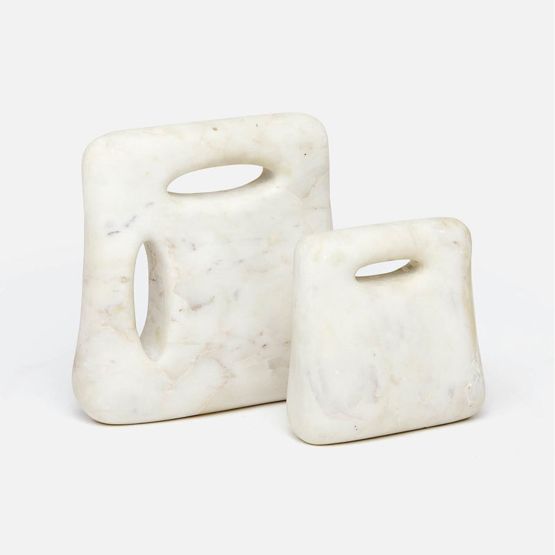 Square White marble sculptures with rounded corners and oval cutouts. Dimensions: 5''L x 2''W x 5''H; 7''L x 2.5''W x 7''H 