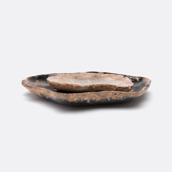 DASHIELL TRAY SET - Petrified wood becomes a work of art thanks to the polished shine of our Dashiell tray. Intricate patterns make for fascinating organic accents. Set Dimensions: 7''L x 5''W x 1''H, 11''L x 8''W x 1''H